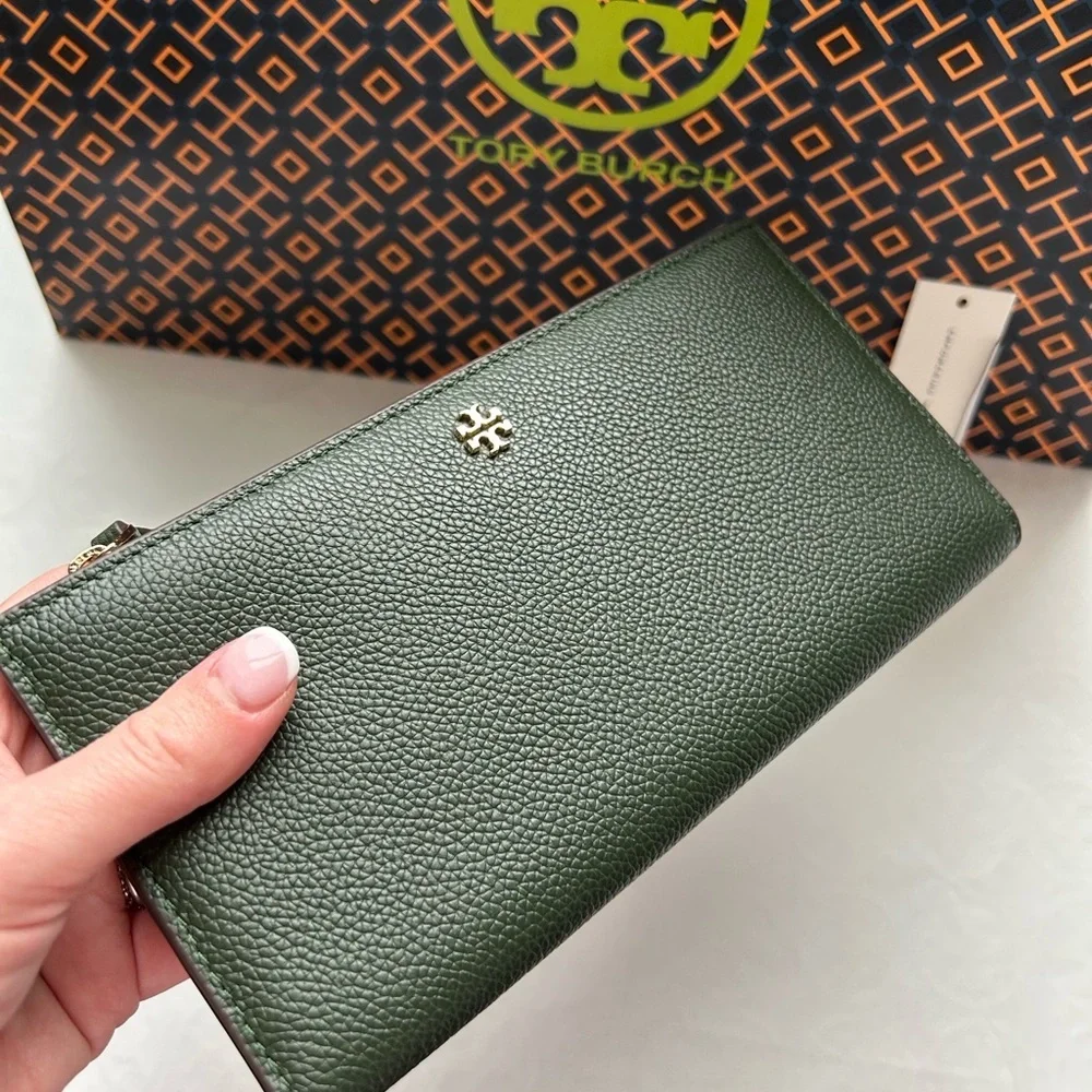 Tory Burch Blake Color Block Slim Envelope Wallet Basil Gold Dark Green